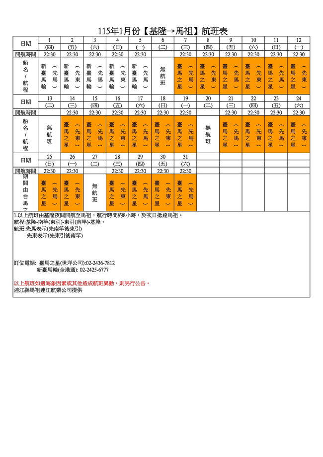 115年1月臺馬及島際間航班表  照片