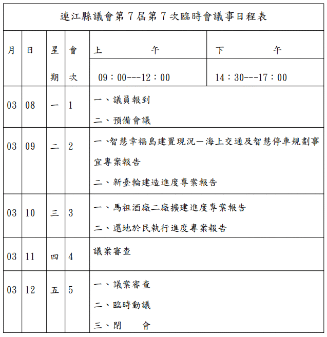 連江縣議會第7屆第7次臨時會議事日程表  照片
