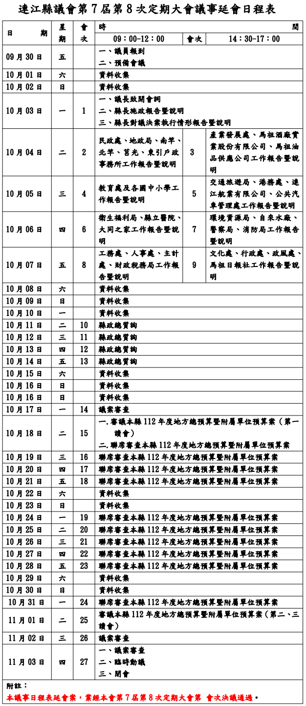 連江縣議會第7屆第8次定期大會議事日程表   照片