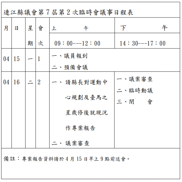 連江議會第7屆第2次臨時會議事程表  圖片