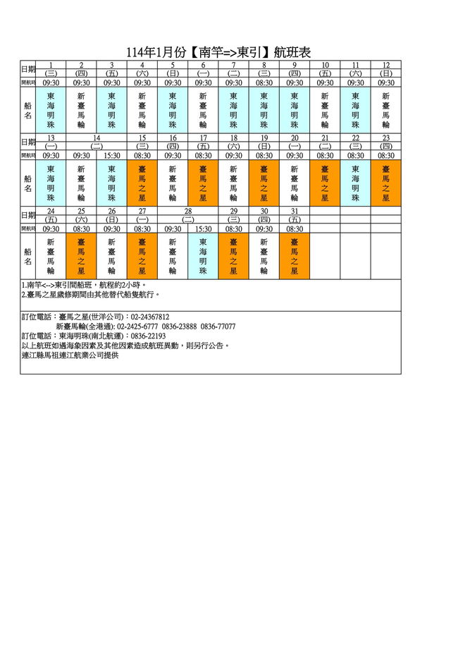 	114年1月臺馬及島際間航班表  照片