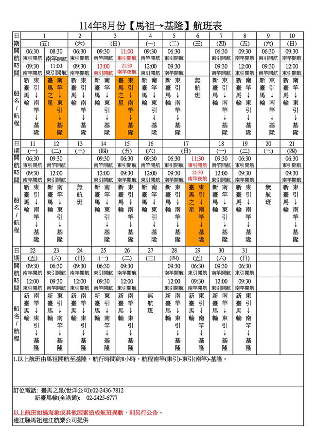  114年8月臺馬及島際間航班表  照片