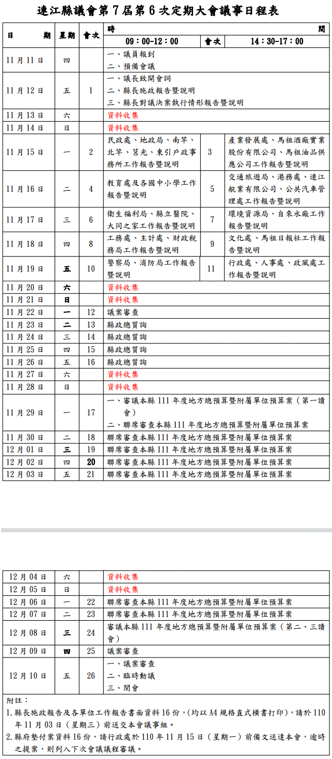 連江縣議會第7屆第6次定期大會議事日程表   圖片