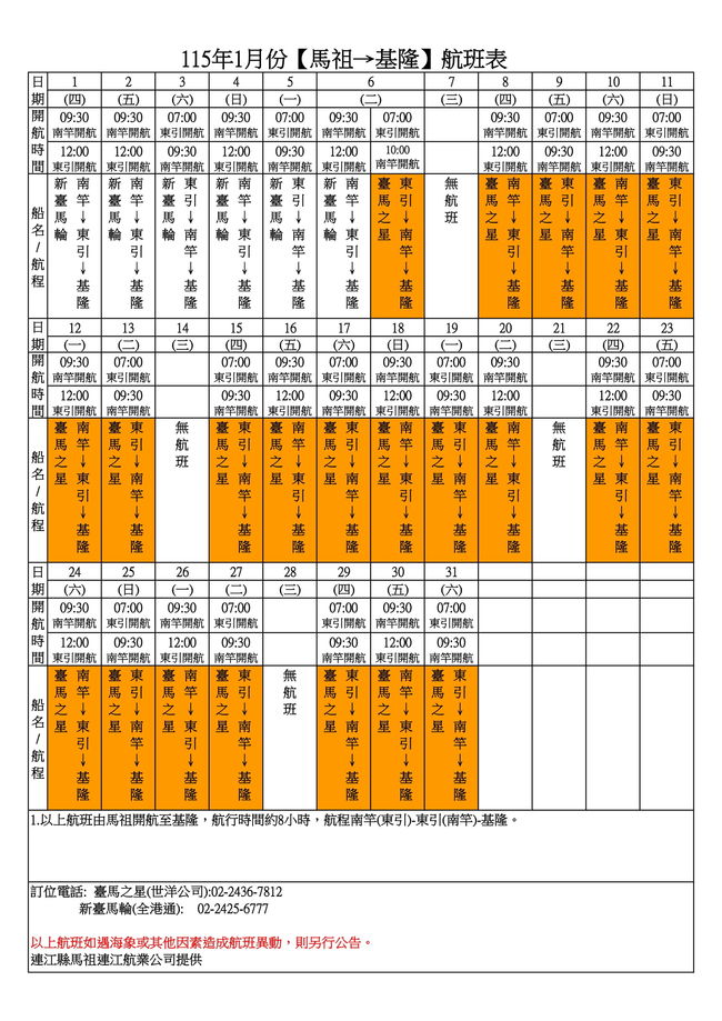 115年1月臺馬及島際間航班表  照片