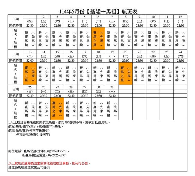 114年5月臺馬及島際間航班表  照片
