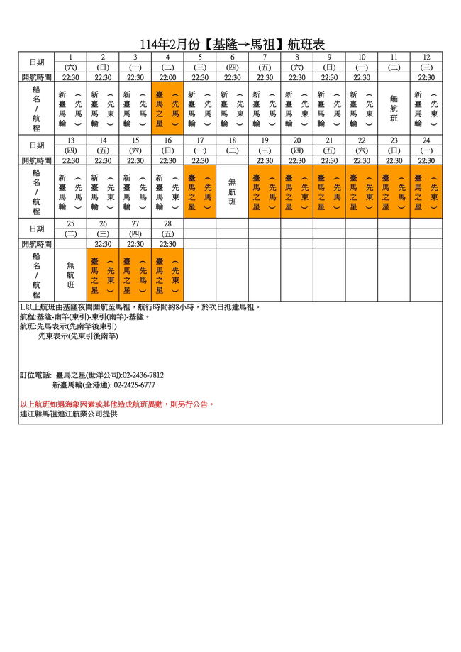 114年2月臺馬及島際間航班表  照片