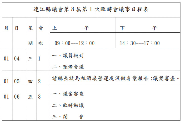 連江縣議會第8屆第1次臨時會議事日程表  照片