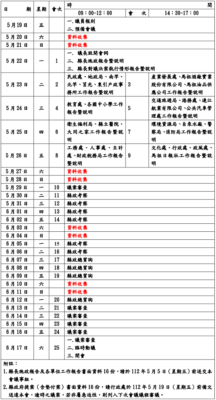連江縣議會第8屆第1次定期大會議事日程表  照片