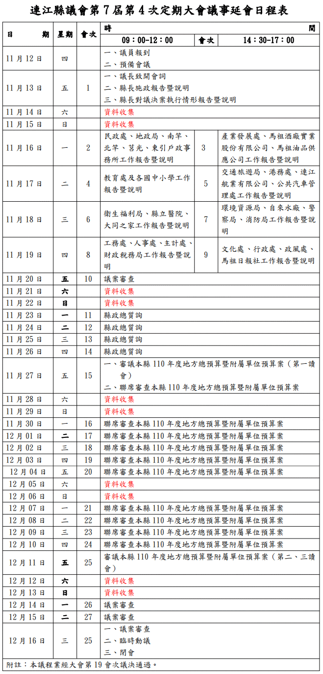連江縣議會第7屆第4次定期大會議事日程表  照片