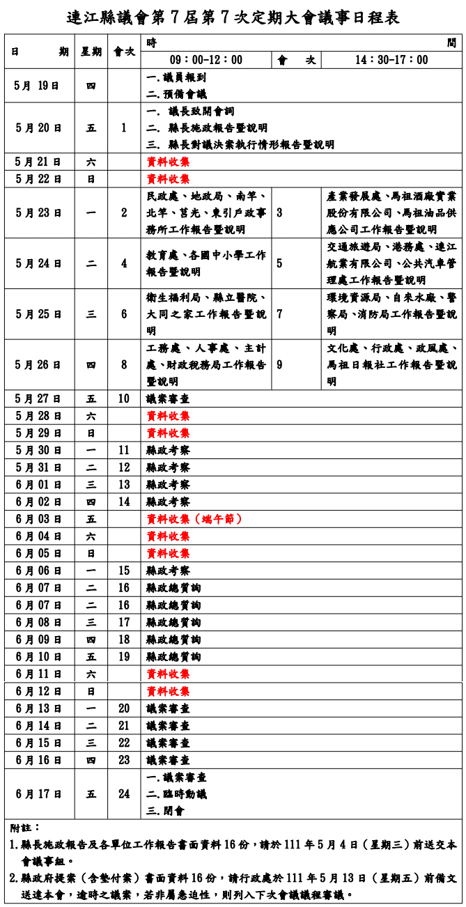 連江縣議會第7屆第7次定期大會議事日程表  照片