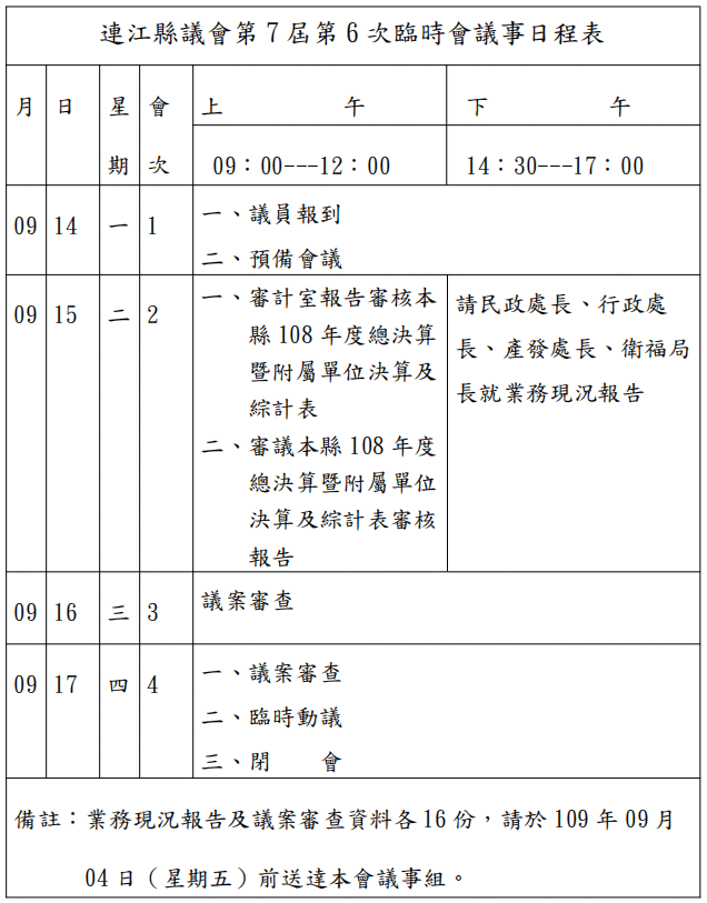 連江縣議會第7屆第6次臨時會議事日程表  照片