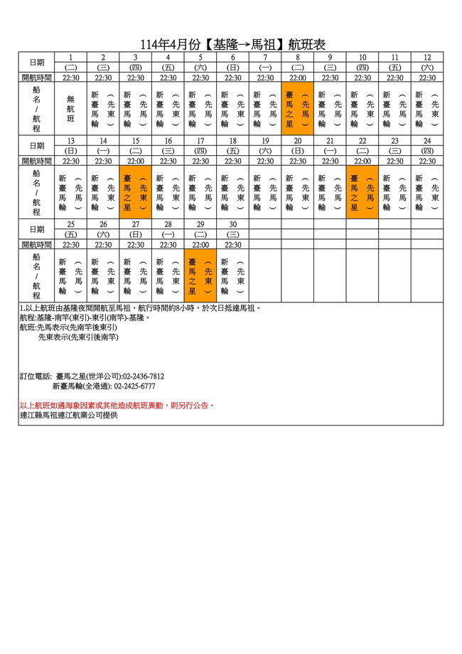 114年4月臺馬及島際間航班表  照片