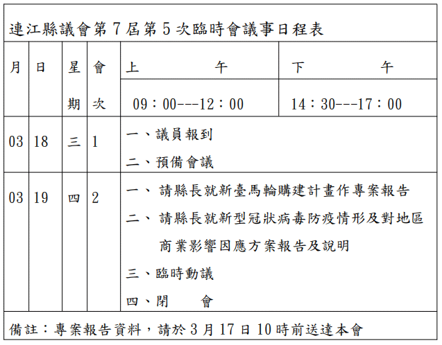 連江縣議會第7屆第5次臨時會議事日程表  照片