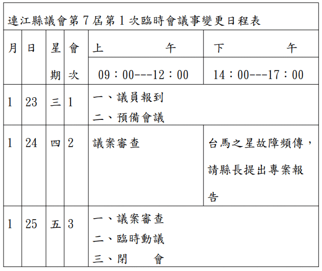 連江縣議會第7屆第1次臨時會議事日程表 附加圖片